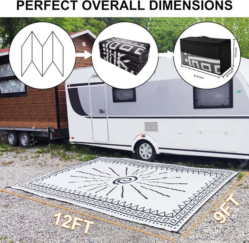 CircleRoad RV Outdoor Rug, 9' × 12' Plastic Straw Waterproof Rugs Lightweight Reversible RV Mat Outdoor Patio Rug with Storage Bag for Outside Camper Under Awning Backyard, Sun Print - Image 4